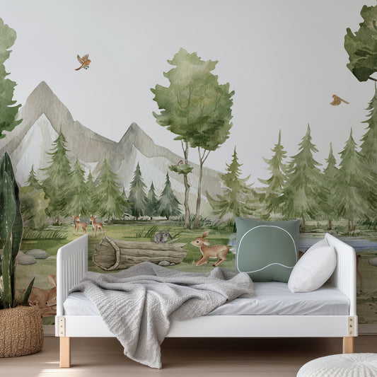 Forest Joy Wallpaper In Child's Bedroom With Green Bedding With White Bed And White Bed Frame