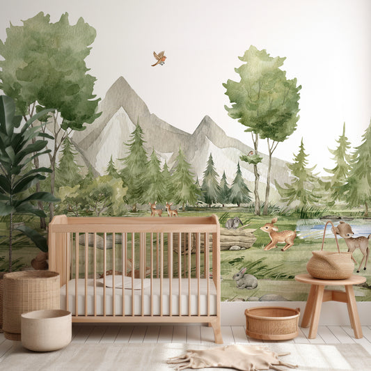 Forest Joy Wallpaper In Nursery With Wooden Crib And Green Plant And Wooden Stools