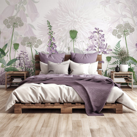 Foxglove Flowers In Bedroom With Purple Queen Size Bedding On A Dark Wooden Bed