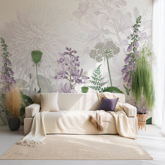 Foxglove Flowers In Living Room With Cream Sofa And Soft PLants With Large Cotton Rug With Light Coming Through Window