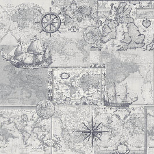 Vintage-style world map with ships and compasses on a gray background