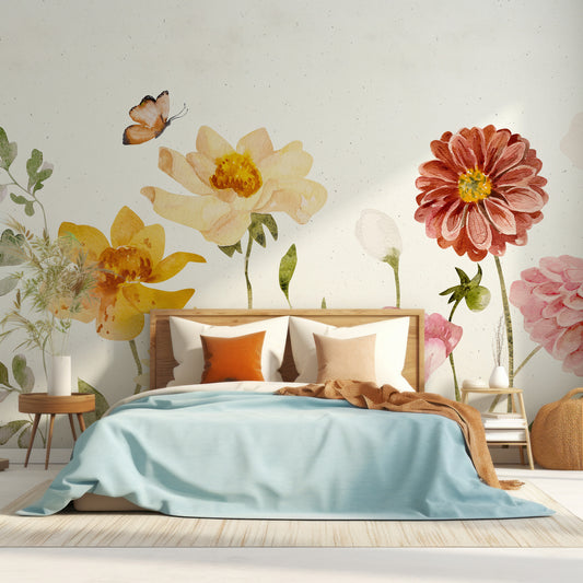 Garden Party In Bedroom With Blue Bed With Orange Cushions