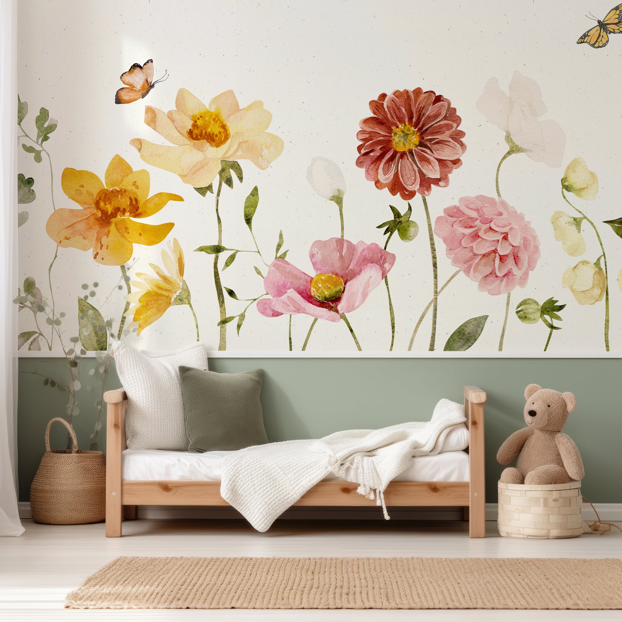 Wall Mural - Colourful Warm Watercolour Flowers - Removable Wallpaper (Peel & Stick) - Made to Measure