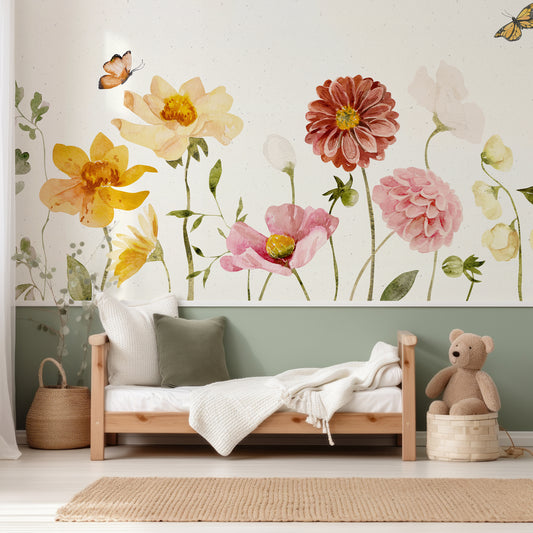 Garden Party In Child's Bedroom With Small Wooden Bed And White And Green Bedding