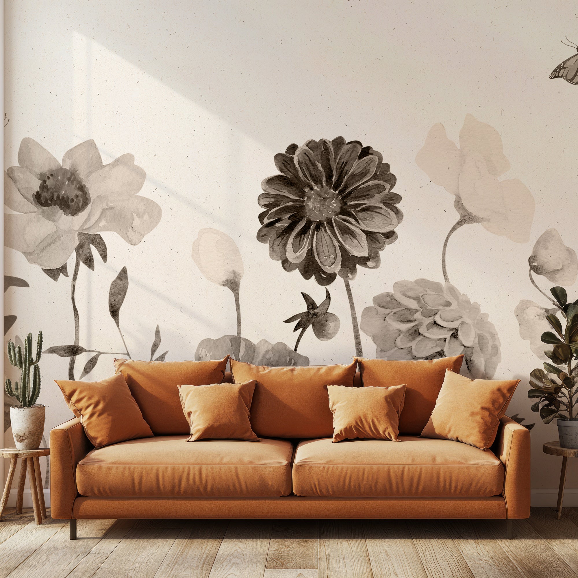 Wall Mural - Mono Watercolour Flowers - Traditional Wallpaper (Paste-the-wall) - Made to Measure
