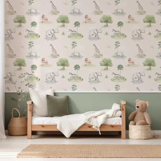 Geo Wild Wallpaper In Child's Bedroom With Small Wooden Bed And White And Green Bedding With Half Wallpapered Wall And Half Painted Green Wall