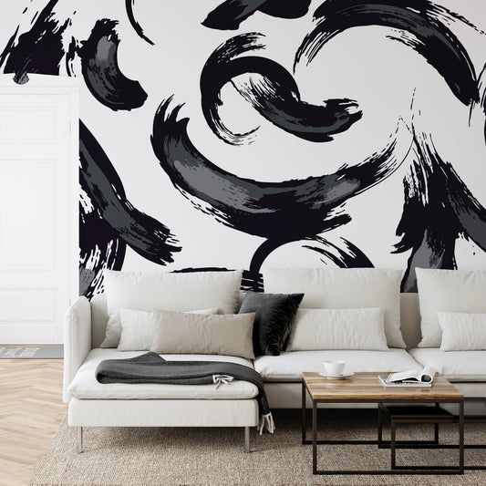 Gergo Black & White Wallpaper In Bedroom With White Sofa & Black & White Cushions