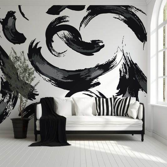 Gergo Black & White Wallpaper In Living Room With Dark Black Slofa And Grey And Black Blankets With Small Black Coffee Table
