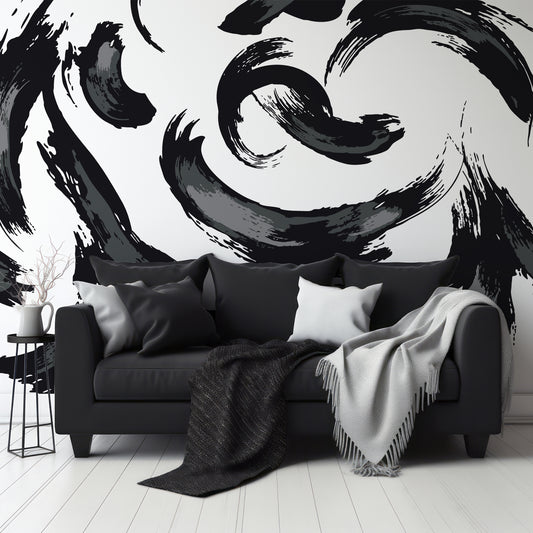Gergo Black & White Wallpaper In Living Room With Black Sofa And White Cushions, Cold Lighting, And Green Plant