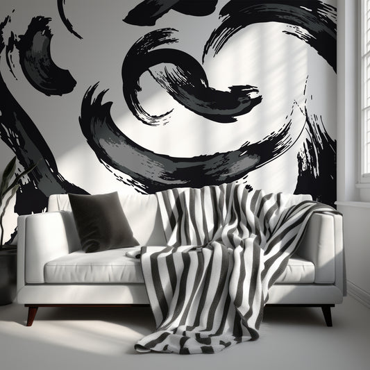 Gergo Black & White Wallpaper In Living Room With White Sofa With Black & White Blankets