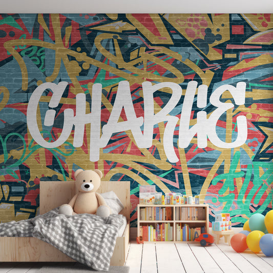 Graffiti Expressions In Child's Bedroom With Wooden Bed, Big Teddy Bear And Bookshelf With Balloons
