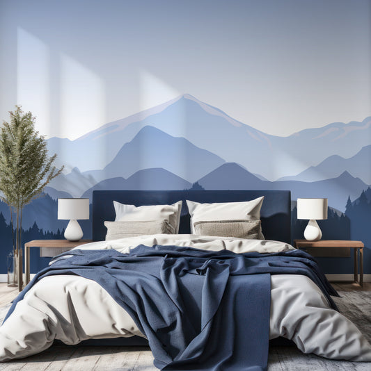 Grapeted Wallpaper In Bedroom With Navy Blue Bed And Large Green Plant