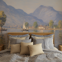 A cottage core bed with striped bedding against a serene lake painting scene 