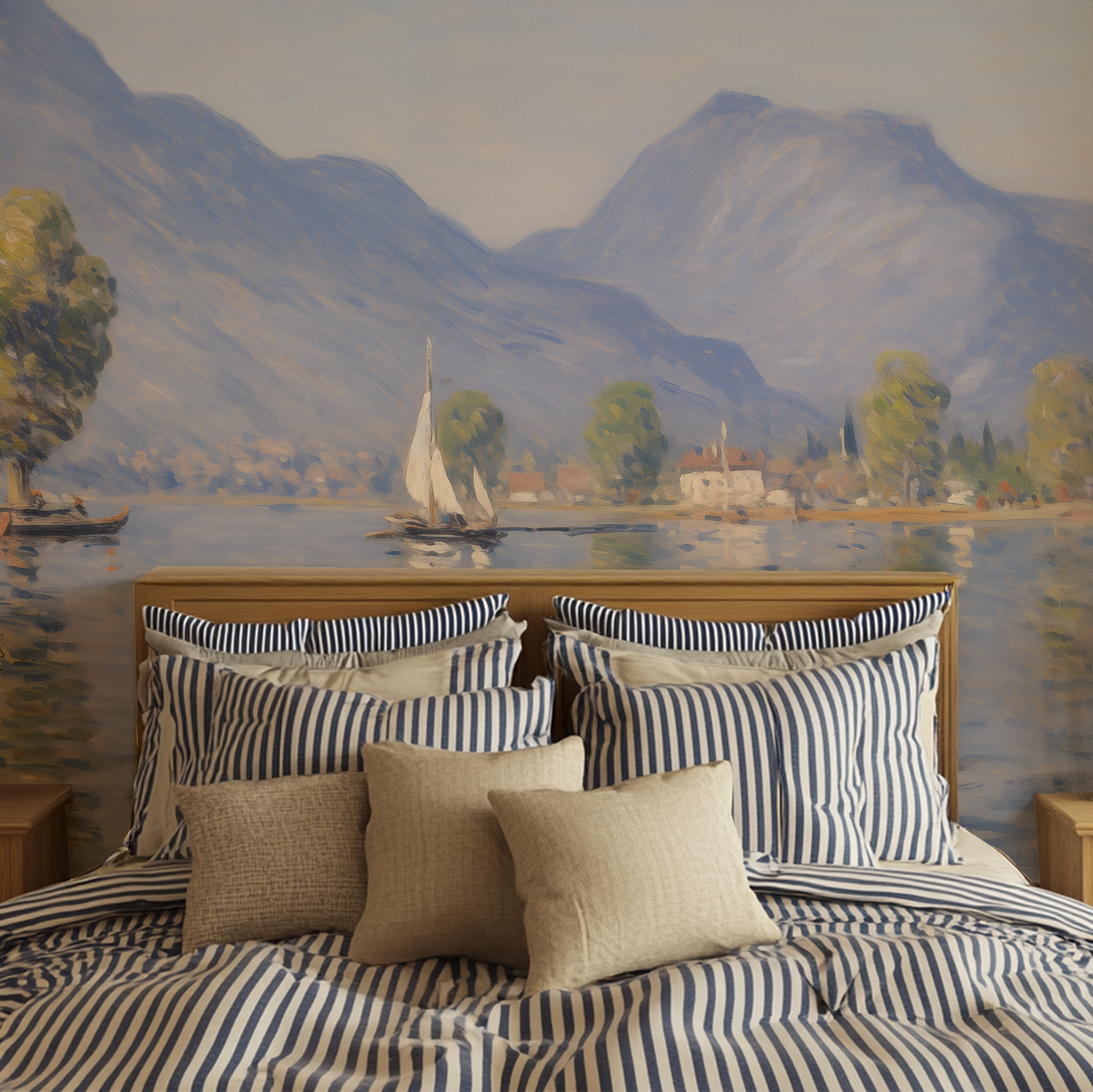 Wall Mural - Romantic Lake and Mountain Scene in Classic Impressionist Style - Traditional Wallpaper (Paste-the-wall) - Made to Measure