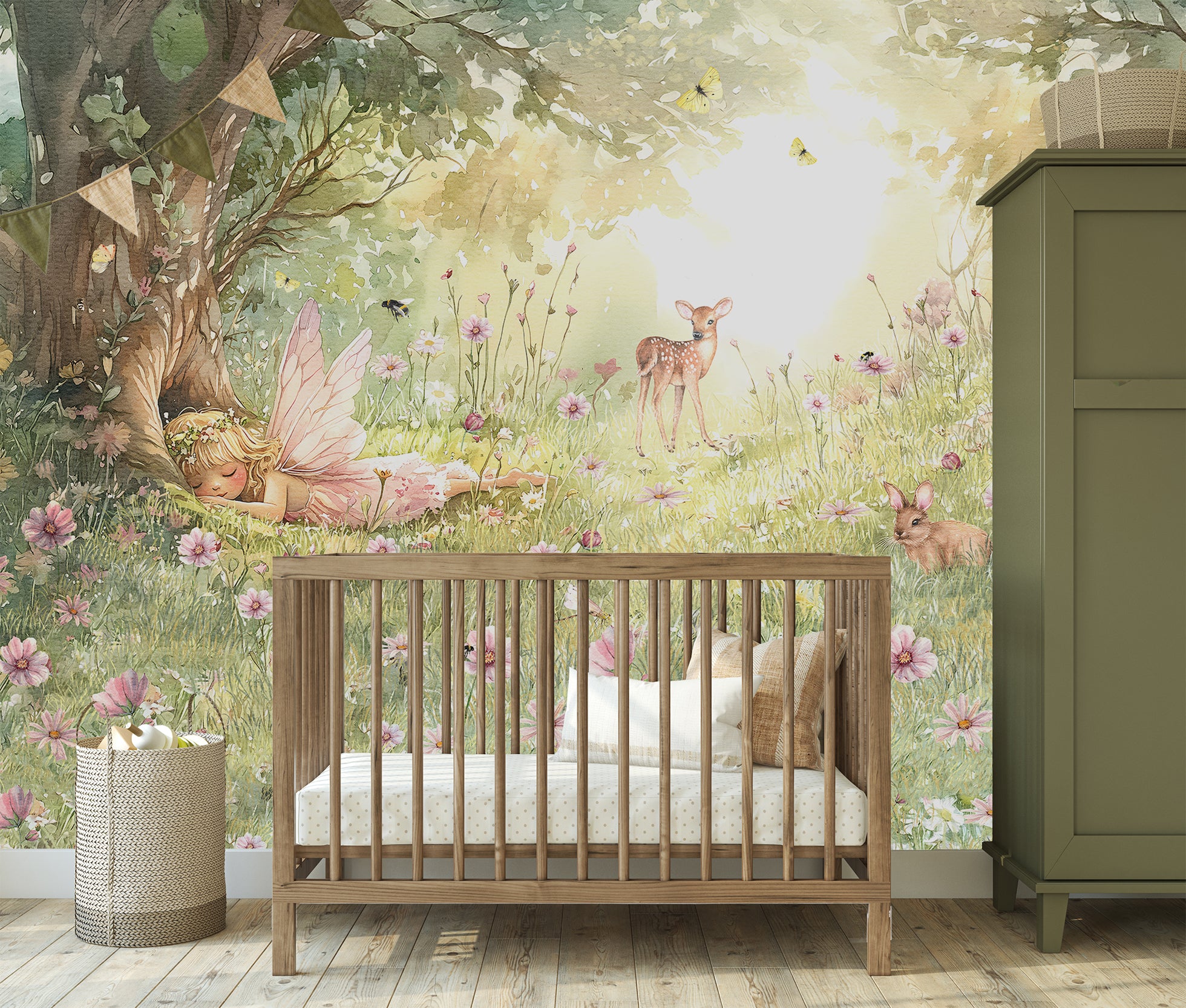 Wall Mural - Sleepy Fairy Watercolour Forest - Traditional Wallpaper (Paste-the-wall) - Made to Measure