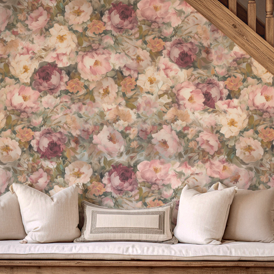 Floral wallpaper with pink and purple flowers in a room with a wooden staircase.