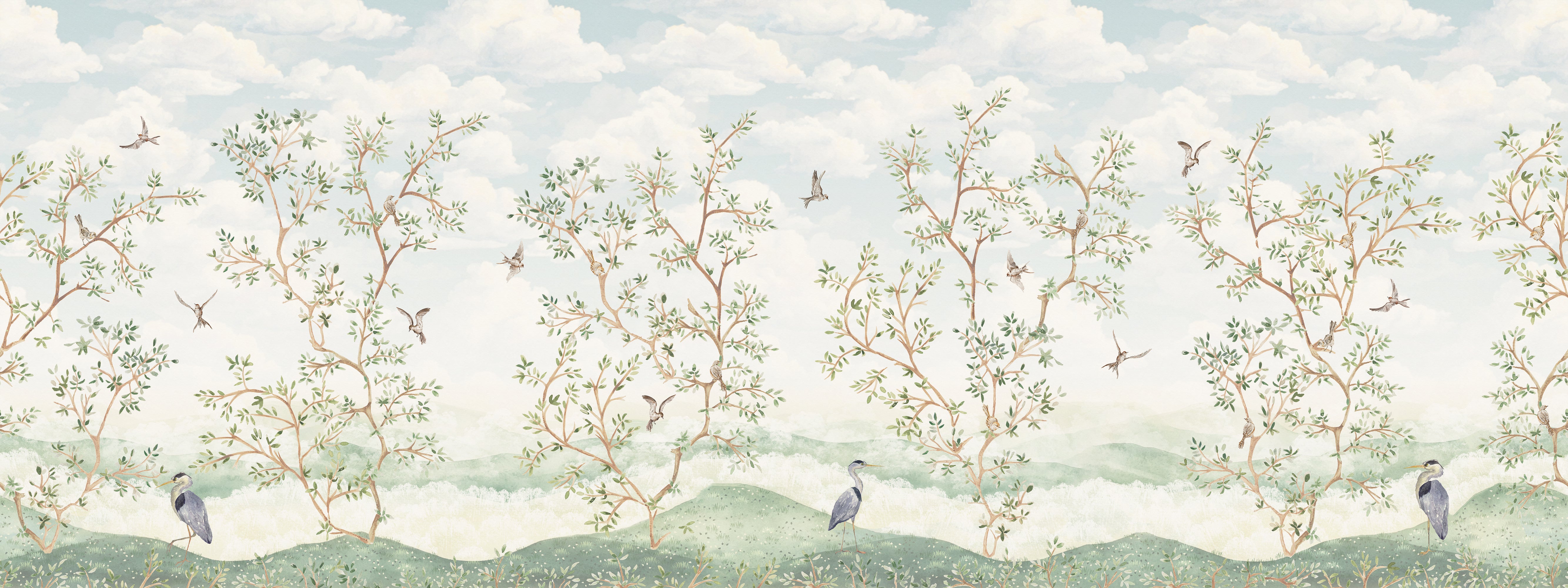 Scenic wallpaper with trees, birds, and a blue sky.