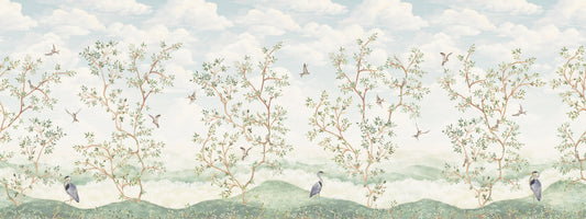 Scenic wallpaper with trees, birds, and a blue sky.
