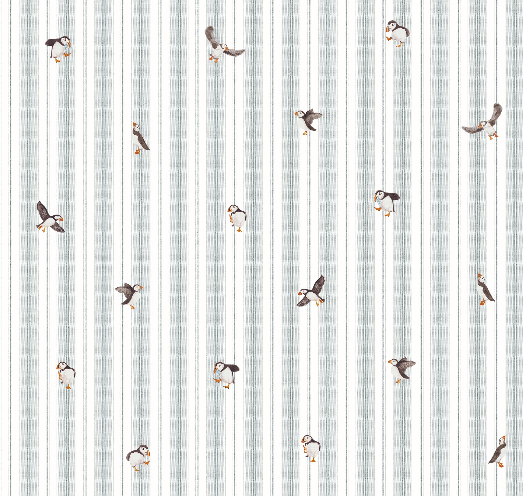 Pattern of small puffins on a striped background