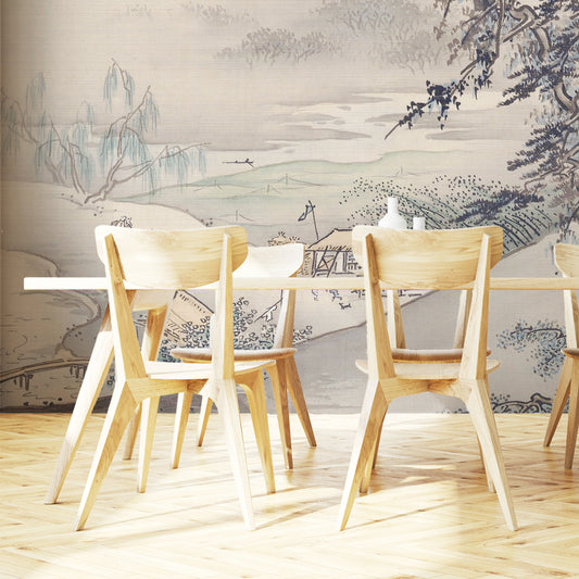 Hashimoto Gahō landscape wallpaper in dining room with wooden table and chairs in front of wallpaper