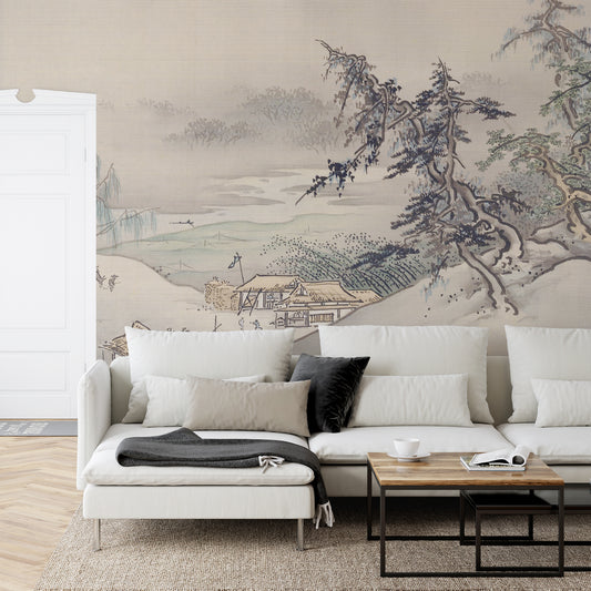 Hashimoto Gahō landscape wallpaper in living room with big white sofa with black and beige and white cushions and blankets