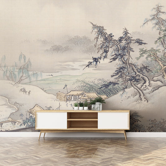 Hashimoto Gahō landscape wallpaper in lounge with small wooden storage compartment in white with plants in white plant pots