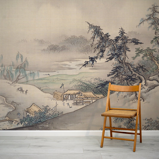 Hashimoto Gahō landscape wallpaper in lounge with wooden foldable chair in front of wallpaper