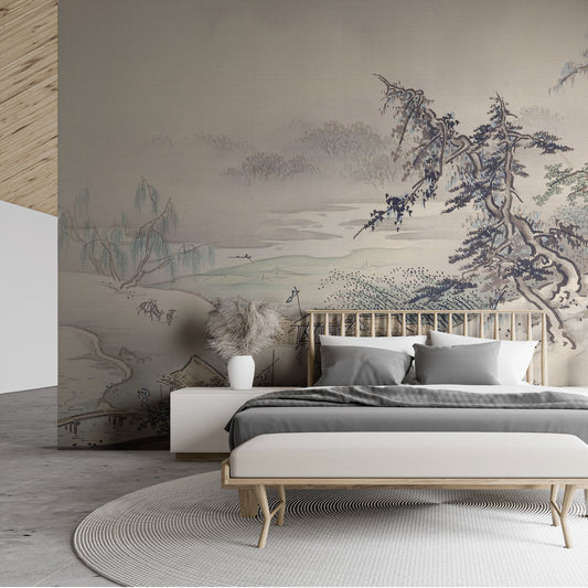 Hashimoto Gahō landscape wallpaper in open bedroom with wooden bed and grey and white bedding
