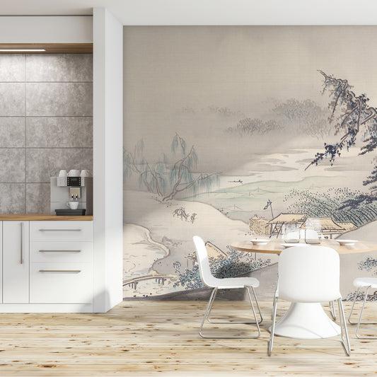 Hashimoto Gahō landscape wallpaper in white kitchen with wooden circular table with white metal chairs