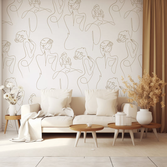 Hazel Lady Outlines Wallpaper In Living Room With Cream Sofa With Three Small Wooden Coffee Tables And Golden Curtain