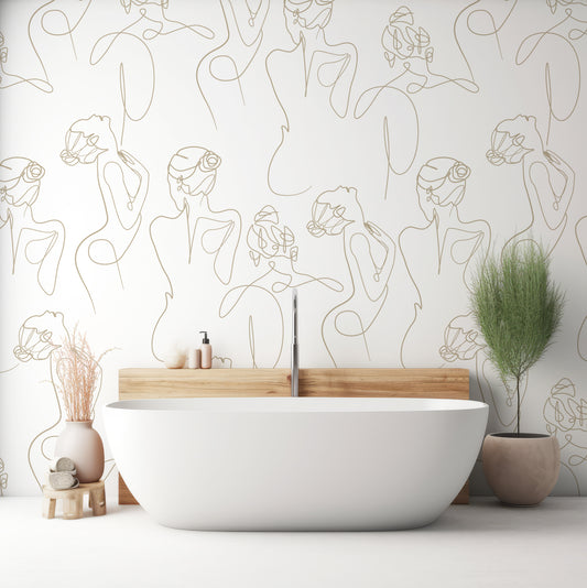 Hazy Lady Outlines Wallpaper In Bathroom With White Bathtub And Green & Beige Plants With Wooden Backing
