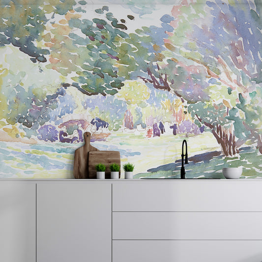 Henri Edmond Cross landscape wallpaper in kitchen with white worktop with wooden chopping boards and green plants in white plant pots