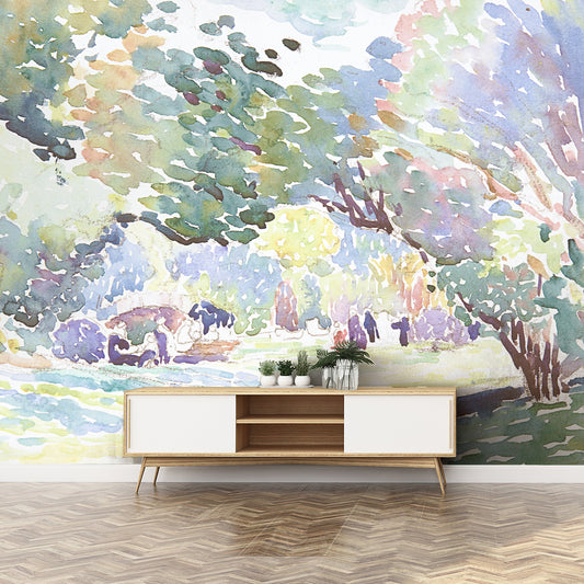 Henri Edmond Cross landscape wallpaper in lounge with long small coffee table with plants in white plant pots