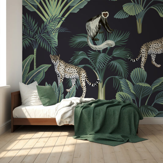 Huntive Wallpaper In Children's Bedroom With Wooden Bed and White And Dark Green Blankets