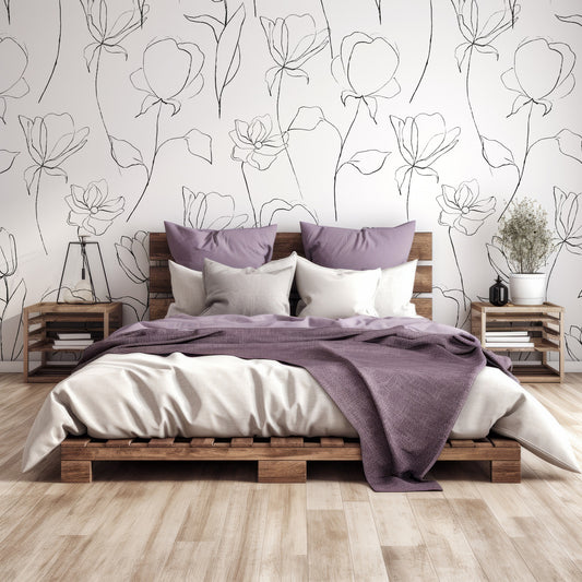 Inked Florals In Bedroom With Purple Queen Size Bedding On A Dark Wooden Bed