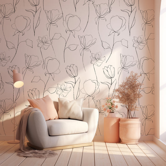 Inked Florals In Room With Grey Chair With Pastel Cushion 