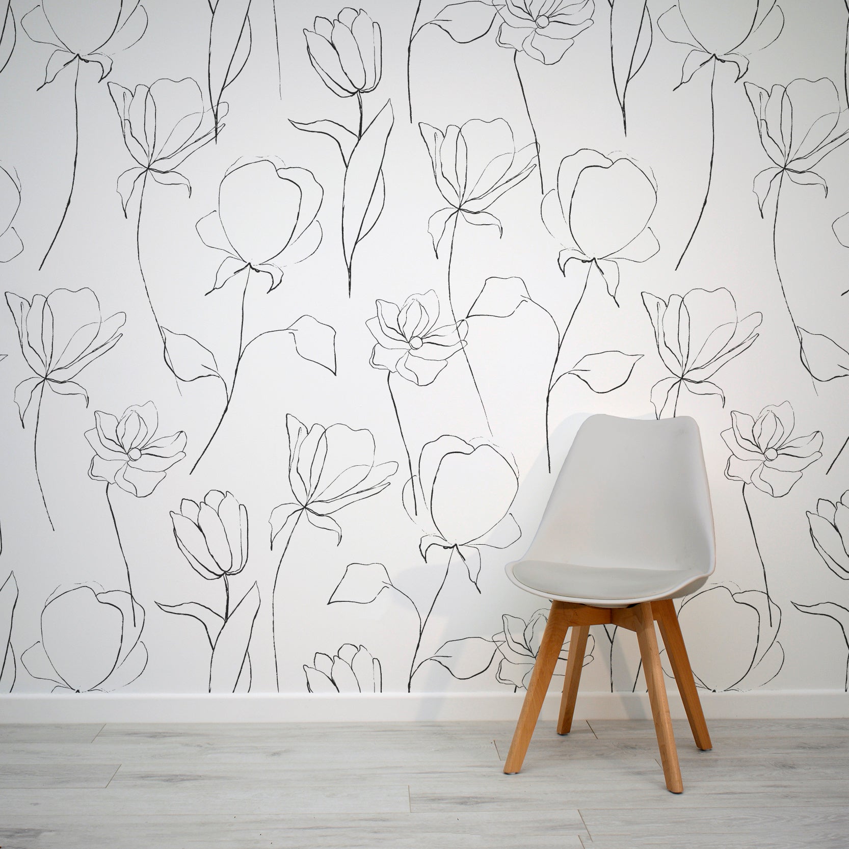 Mono Sketched Flower Pattern Wallpaper Mural