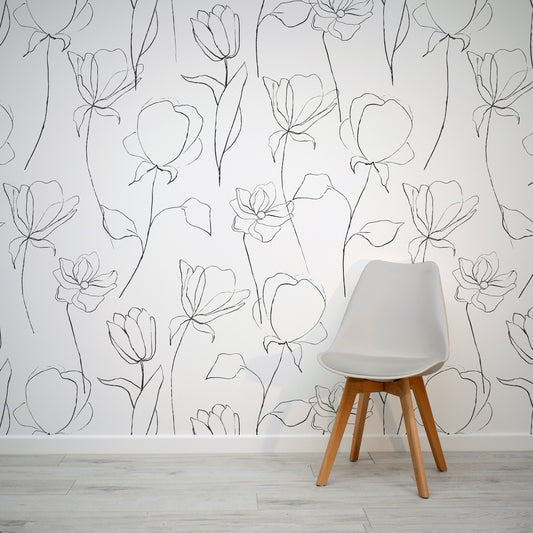 Inked Florals Monochrome Sketched Flower Pattern Wallpaper Mural with Grey Chair