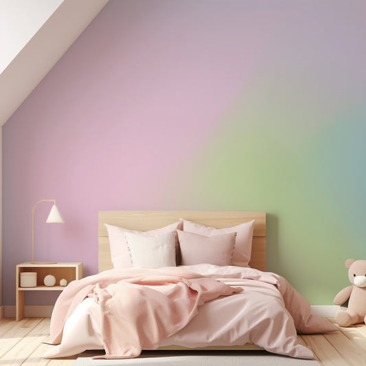 Iridescent Rainbow Dreams In Girl's Bedroom With Small Teddy To The Side