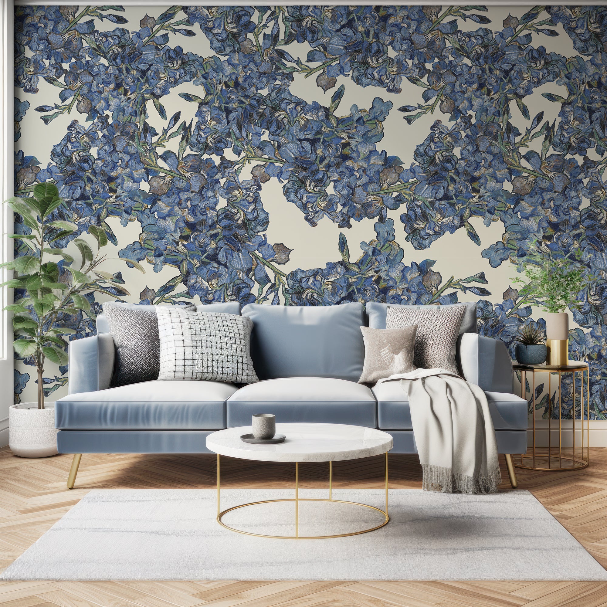 Wall Mural - Acrylic Painted Blue Flowers Foliage Wallpaper - Removable Wallpaper (Peel & Stick) - Made to Measure
