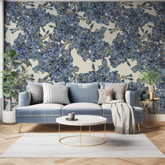 Iris Infusion Wallpaper In Living Room With Dark Blue Sofa With Green Plants And Golden Accents