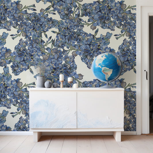 Iris Infusion Wallpaper In Room With White Cabinet And Blue World Globe With Grey Ornaments