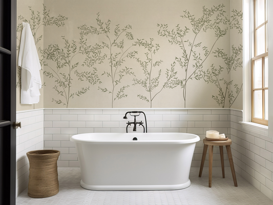 Bathroom with a freestanding bathtub, wooden stool, and decorative wall art.