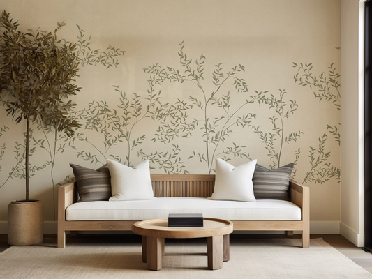 Modern living room with a wooden sofa, decorative pillows, and a wall with leaf patterns.
