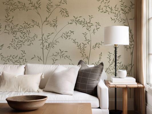 Living room with a white sofa, decorative pillows, a lamp, and a side table against a wall with leafy branch patterns.