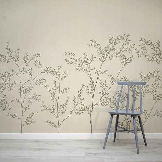 Gray stool against a wall with leafy branch pattern