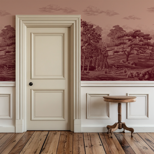 Room interior with a door, round table, and wall with landscape mural.