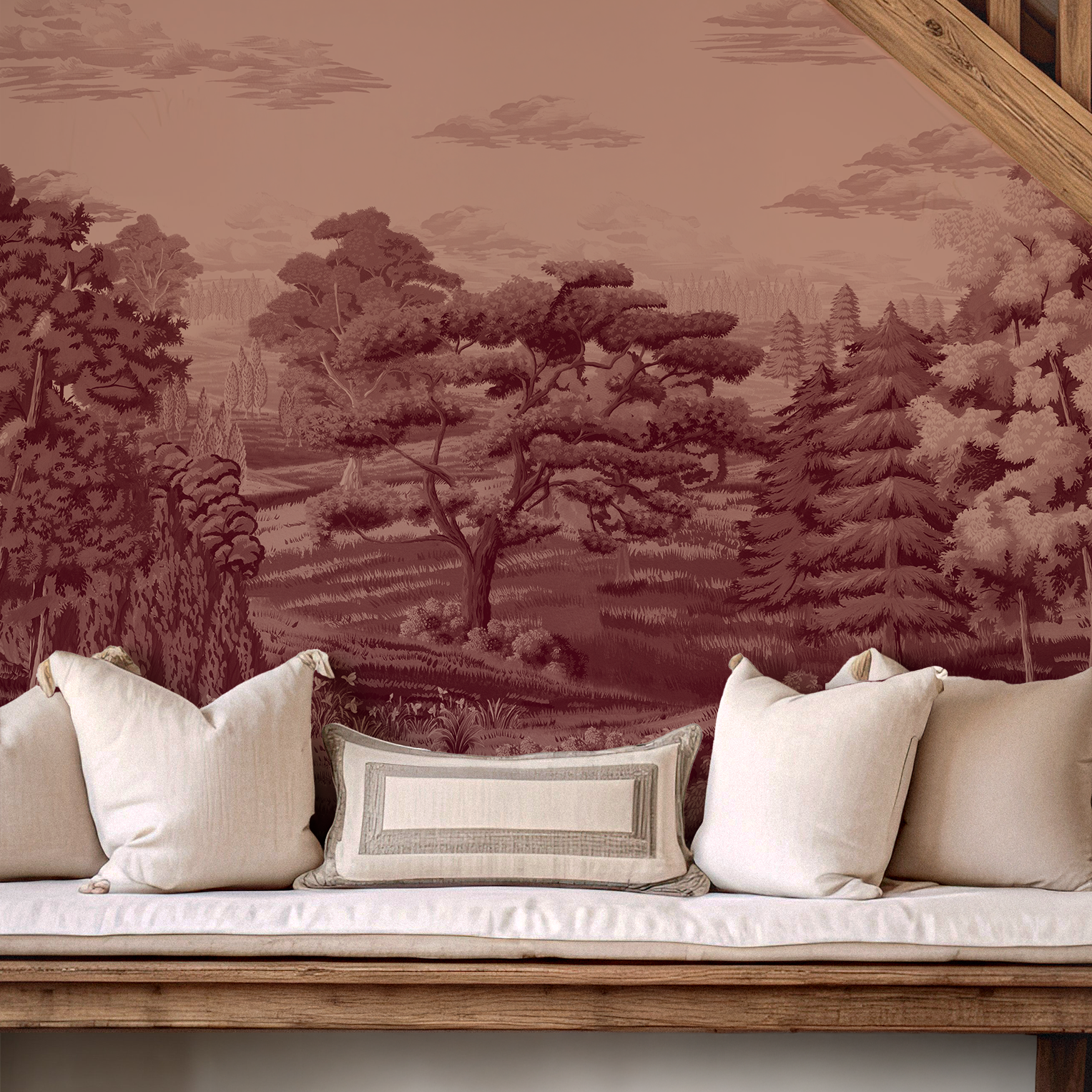 Wall Mural - Dusty Rose Countryside Scene in Warm Muted Hues - Removable Wallpaper (Peel & Stick) - Made to Measure