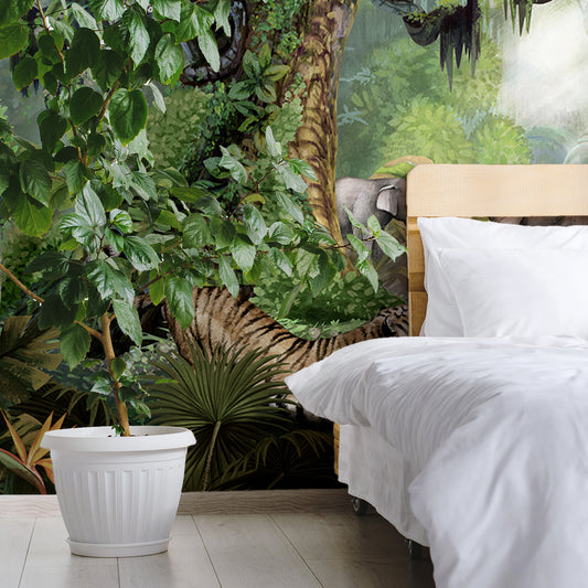 Jungle Cats Wallpaper In Bedroom With Large Green Plant