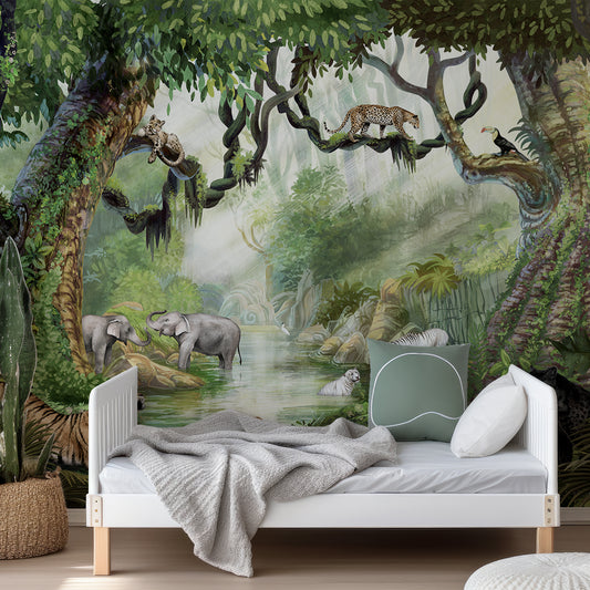 Jungle Cats Wallpaper In Child's Bedroom With Green Bedding With White Bed And White Bed Frame